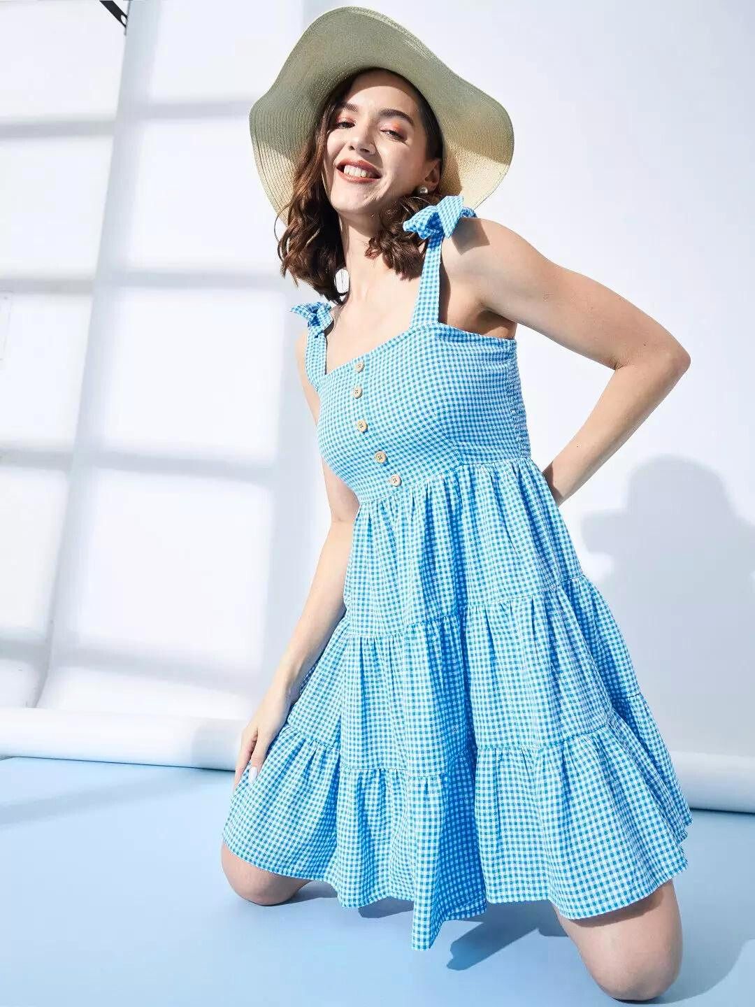 Cotton Gingham Ckeck Tiered Dress With Tie Up Straps