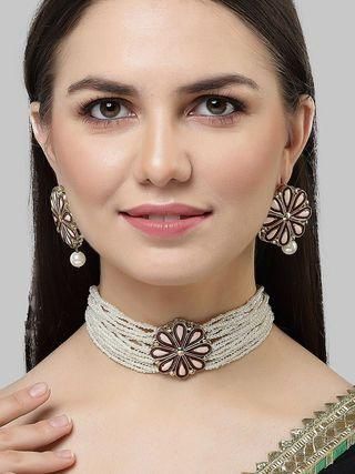 Karatcart Gold Plated Maroon Floral Pearl Beaded Kundan Choker Necklace Set for Women