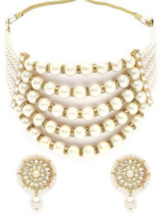Pearl Multilayer Beaded Kundan Choker Necklace Set for Women
