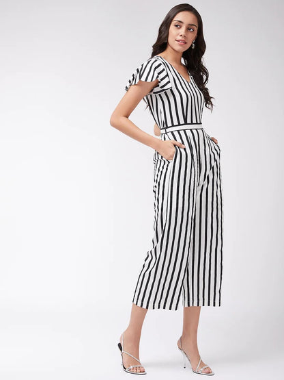 PANNKH Women's Black & White Monocromatic Stripes Jumpsuit