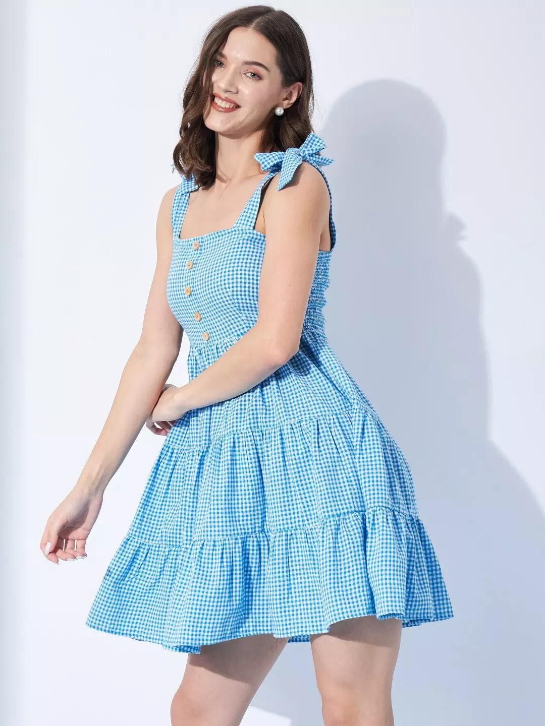 Cotton Gingham Ckeck Tiered Dress With Tie Up Straps