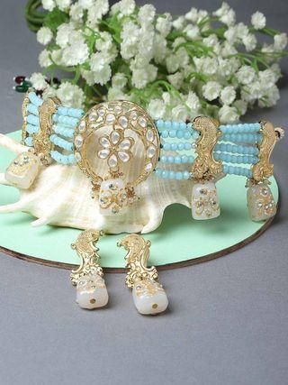 White Designer Tumble Light Blue Crystal Beaded Kundan Choker Necklace Set