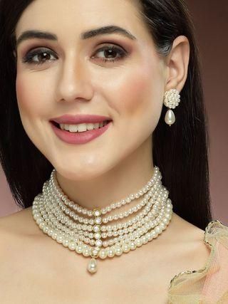 Pearl Beaded Kundan Choker Necklace Set for Women