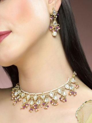 Gold Plated Pink and Purple Crystal Kundan Necklace Set for Women