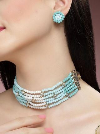 Light Blue and White Crystals Beaded Kundan Choker Necklace Set for Women