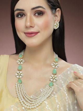 Pearl Beaded Light Green Carved Stone Kundan Rani Haar Necklace Set for Women