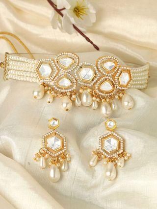 Pearl Beaded Polki Kundan Choker Necklace Set for Women