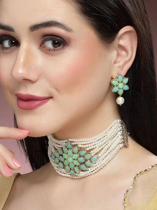 Gold Plated Pearl Beaded Light Blue and Light Green Kundan Stone Choker Necklace Set