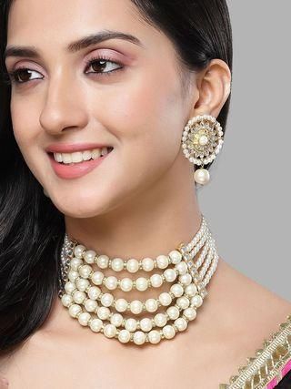 Pearl Multilayer Beaded Kundan Choker Necklace Set for Women