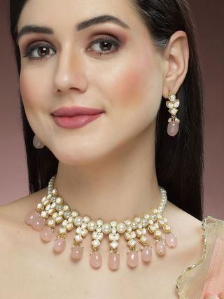 Gold Plated Pink Tumble and Pearl Studded Kundan Necklace Set