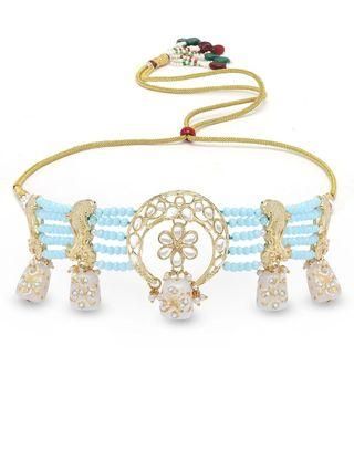 White Designer Tumble Light Blue Crystal Beaded Kundan Choker Necklace Set