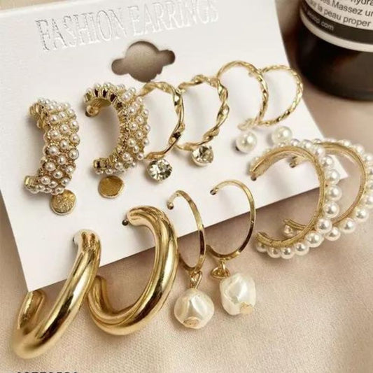 Vembley Combo Of 9 Pair Stunning Gold Plated Pearl Hoop , Drop, Tiny and Studs Earrings for Women & Girls